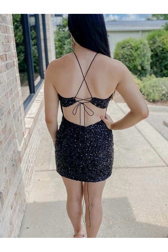 Velvet Sequin Sheath Short Sleeveless Halter Neck Prom Dress Glasgow