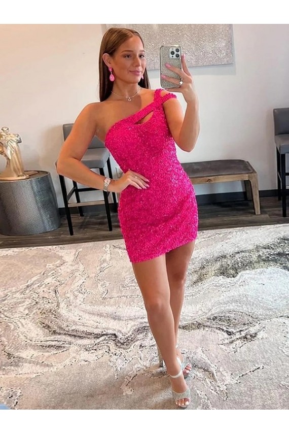 Velvet Sequin Sheath Short Sleeveless One Shoulder Prom Dress / Evening Dress Glasgow
