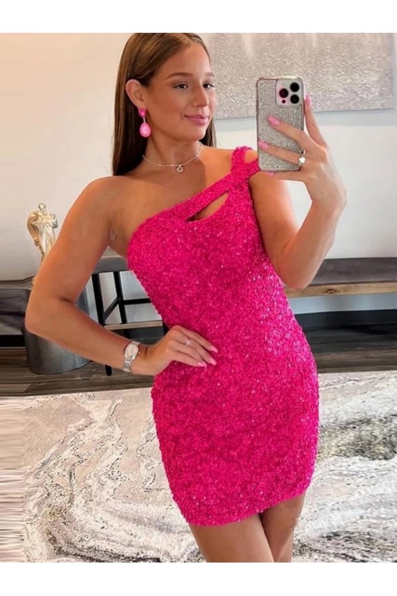 Velvet Sequin Sheath Short Sleeveless One Shoulder Prom Dress / Evening Dress Glasgow