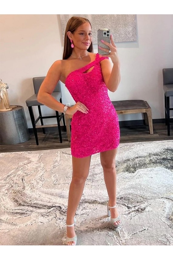 Velvet Sequin Sheath Short Sleeveless One Shoulder Prom Dress / Evening Dress Glasgow
