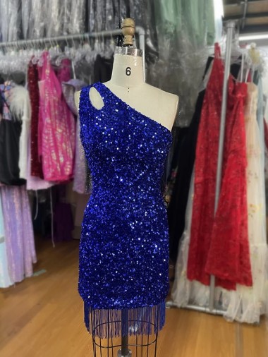 Velvet Sequin Sheath Short Sleeveless One Shoulder Prom Dress Glasgow