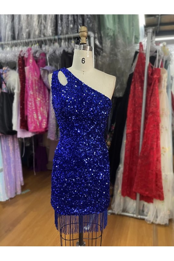 Velvet Sequin Sheath Short Sleeveless One Shoulder Prom Dress Glasgow