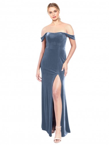 Stretch Velvet A-Line Long Sleeveless Dusty Blue Prom Dresses Glasgow
