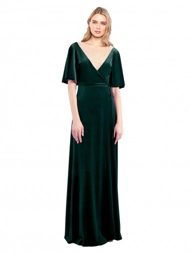 Stretch Velvet A-Line Long Flutter Sleeves V-Back Prom Dress / Bridesmaid Dress Glasgow