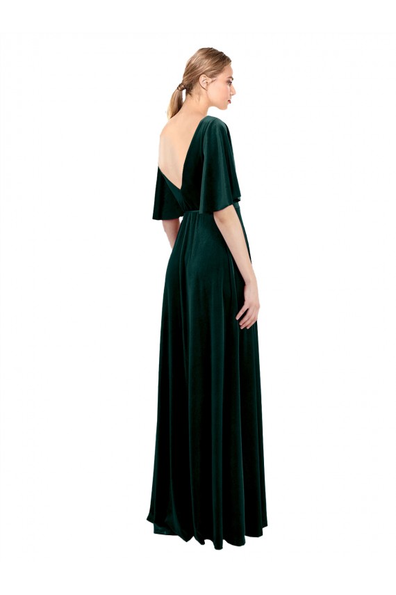 Stretch Velvet A-Line Long Flutter Sleeves V-Back Prom Dress / Bridesmaid Dress Glasgow