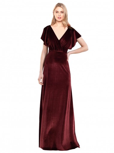 Stretch Velvet A-Line Long Flutter Sleeves Open Back Prom Dress / Bridesmaid Dress Glasgow