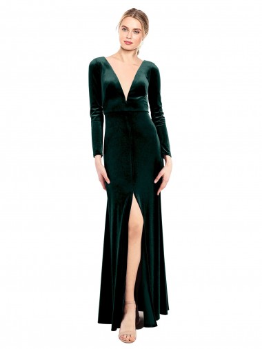 Stretch Velvet A-Line Long Long Sleeves Open Back Black Tie Prom Dress / Bridesmaid Dress Glasgow