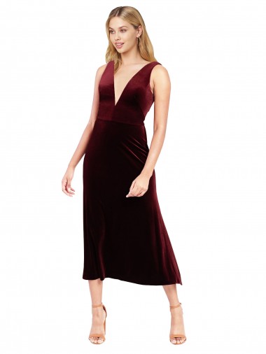 Stretch Velvet A-Line Midi Length Sleeveless V-Back Burgundy Prom Dresses Glasgow