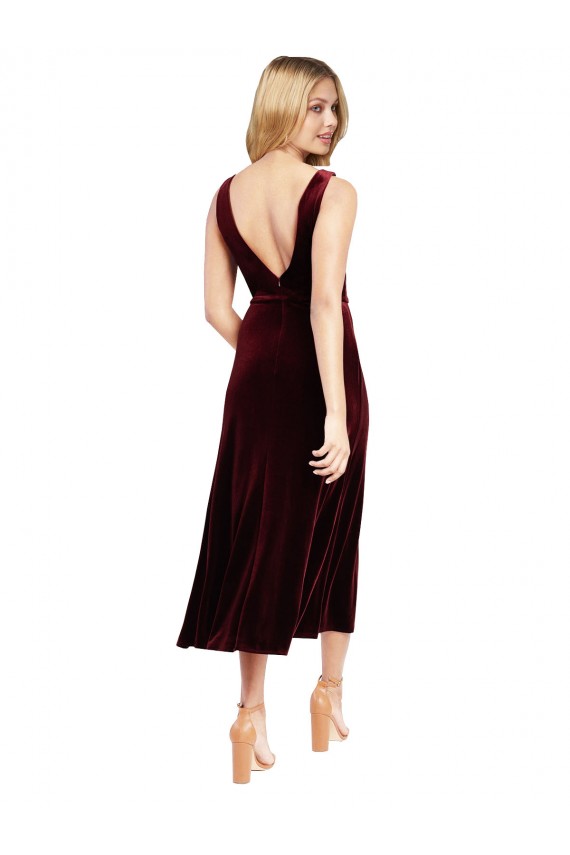Stretch Velvet A-Line Midi Length Sleeveless V-Back Burgundy Prom Dresses Glasgow