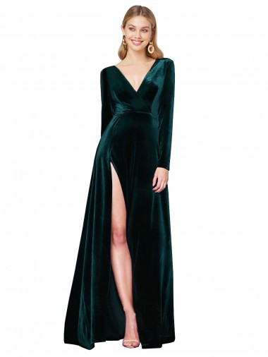 Stretch Velvet A-Line Sweep Train Long Sleeves Black Tie Evening Gown / Prom Dress / Bridesmaid Dress Glasgow