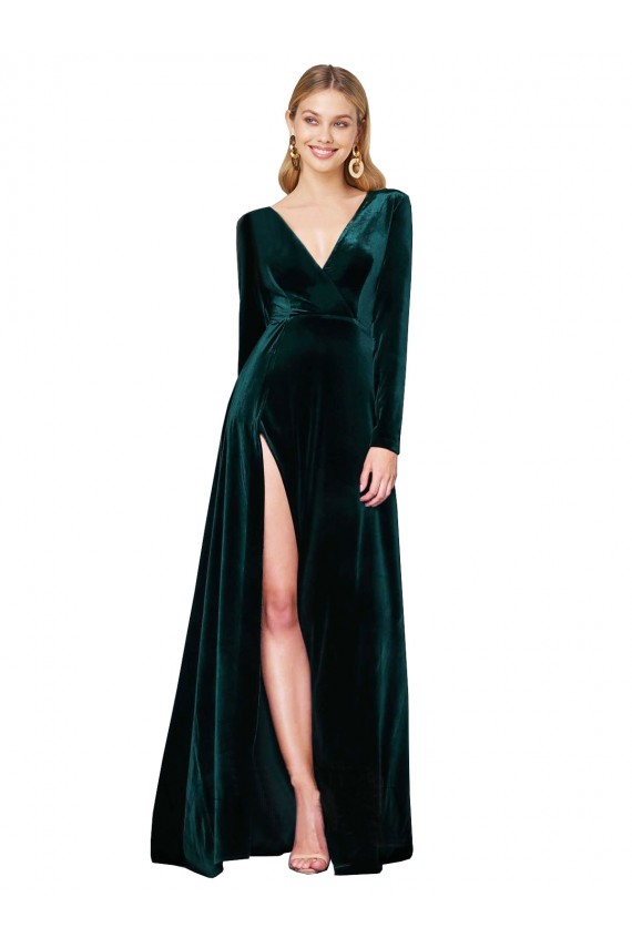 Stretch Velvet A-Line Sweep Train Long Sleeves Black Tie Evening Gown / Prom Dress / Bridesmaid Dress Glasgow
