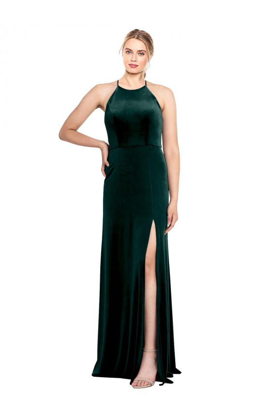 Stretch Velvet A-Line Long Sleeveless Keyhole Back Side Slit Prom Dresses Glasgow