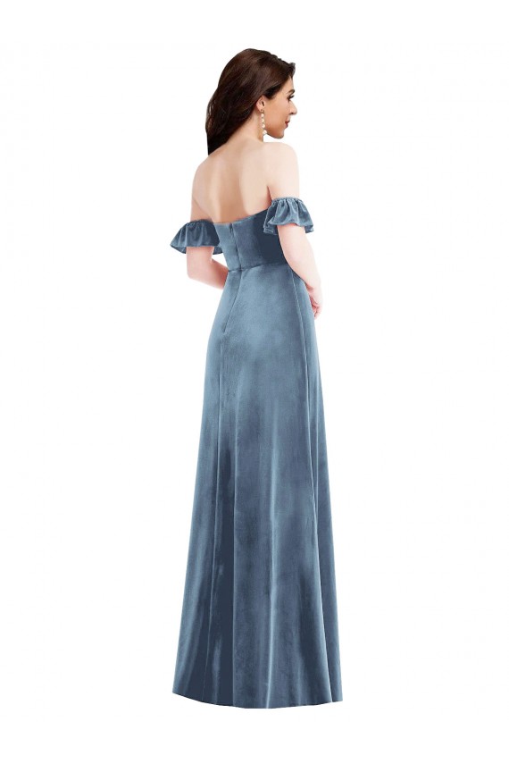 Stretch Velvet A-Line Long Ruffle Sleeves Low Back Formal Dress / Bridesmaid Dress Glasgow