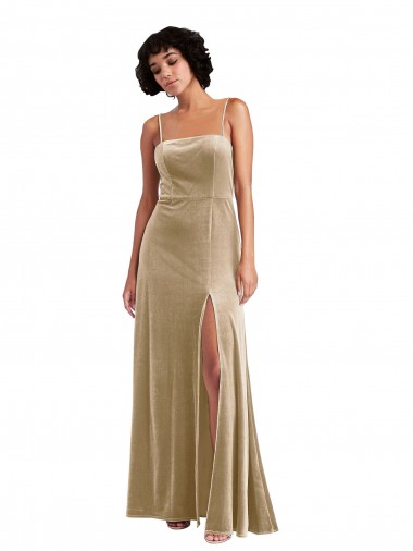 Stretch Velvet A-Line Long Sleeveless Low Back Front Slit Prom Dresses Glasgow