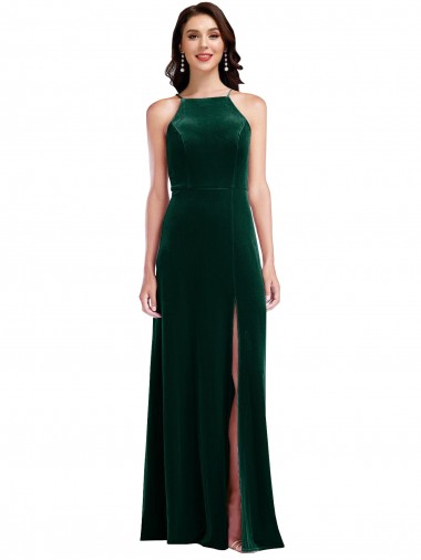 Stretch Velvet A-Line Long Sleeveless Front Slit Prom Dresses Glasgow