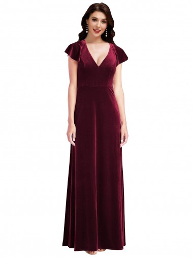 Stretch Velvet A-Line Long Flutter Sleeves Semi Formal Evening Dress / Prom Dress / Bridesmaid Dress Glasgow