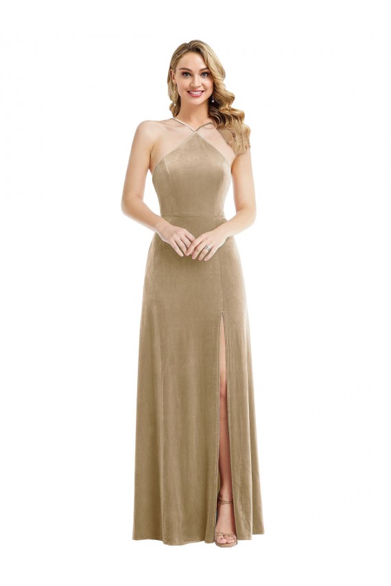 Stretch Velvet A-Line Long Sleeveless Open Back Semi Formal Evening Dress / Prom Dress / Bridesmaid Dress Glasgow