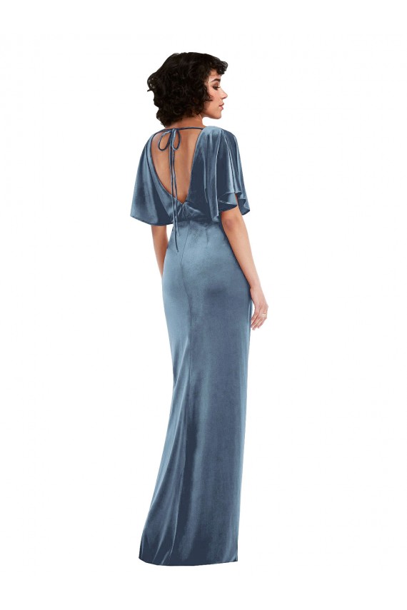 Stretch Velvet Sheath Long Flutter Sleeves Open Back Semi Formal Evening Dress / Prom Dress / Bridesmaid Dress Glasgow