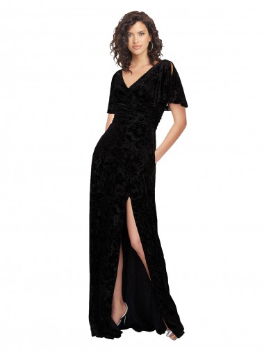 Floral Velvet & Stretch Velvet A-Line Long Short Split Sleeves V-Back Bridesmaid Dress Glasgow