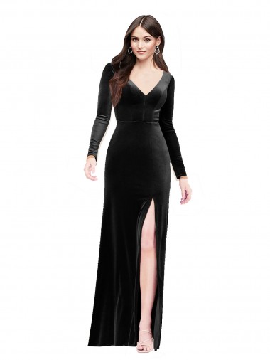 Stretch Velvet Column Long Long Sleeves V-Back Formal Evening Gown / Prom Dress / Bridesmaid Dress Glasgow
