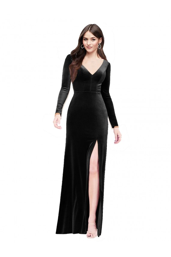 Stretch Velvet Column Long Long Sleeves V-Back Formal Evening Gown / Prom Dress / Bridesmaid Dress Glasgow