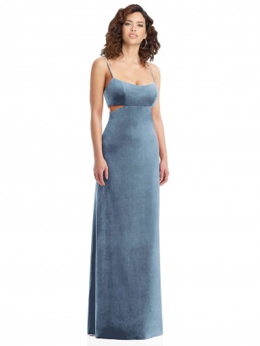 Stretch Velvet Sheath Long Sleeveless Low Back Dusty Blue Prom Dresses Glasgow