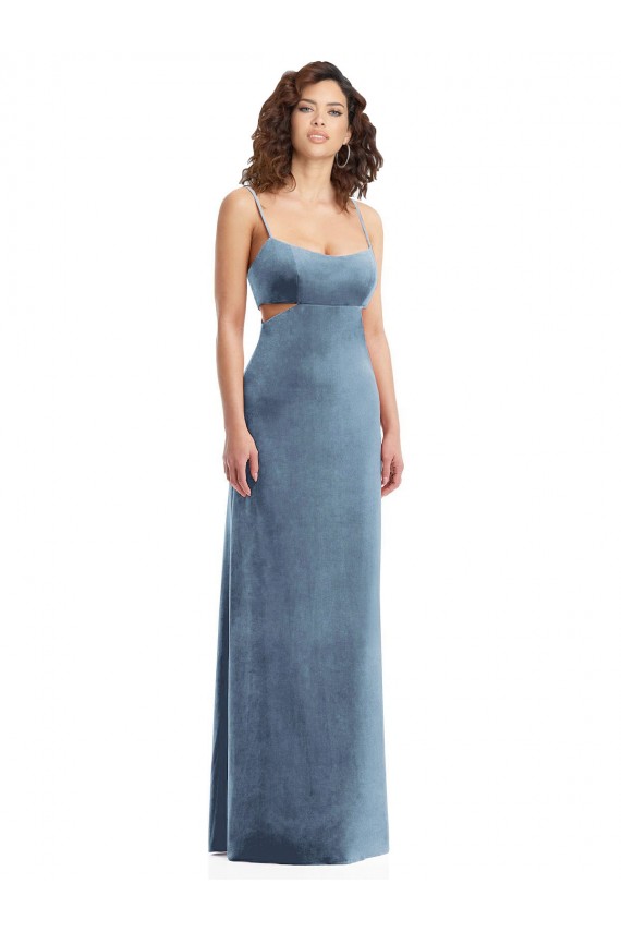 Stretch Velvet Sheath Long Sleeveless Low Back Dusty Blue Prom Dresses Glasgow