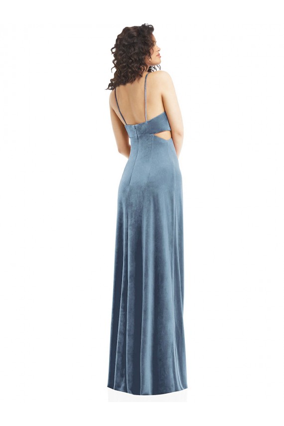 Stretch Velvet Sheath Long Sleeveless Low Back Dusty Blue Prom Dresses Glasgow