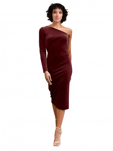 Stretch Velvet A-Line Midi Length Long Sleeves Burgundy Prom Dresses Glasgow